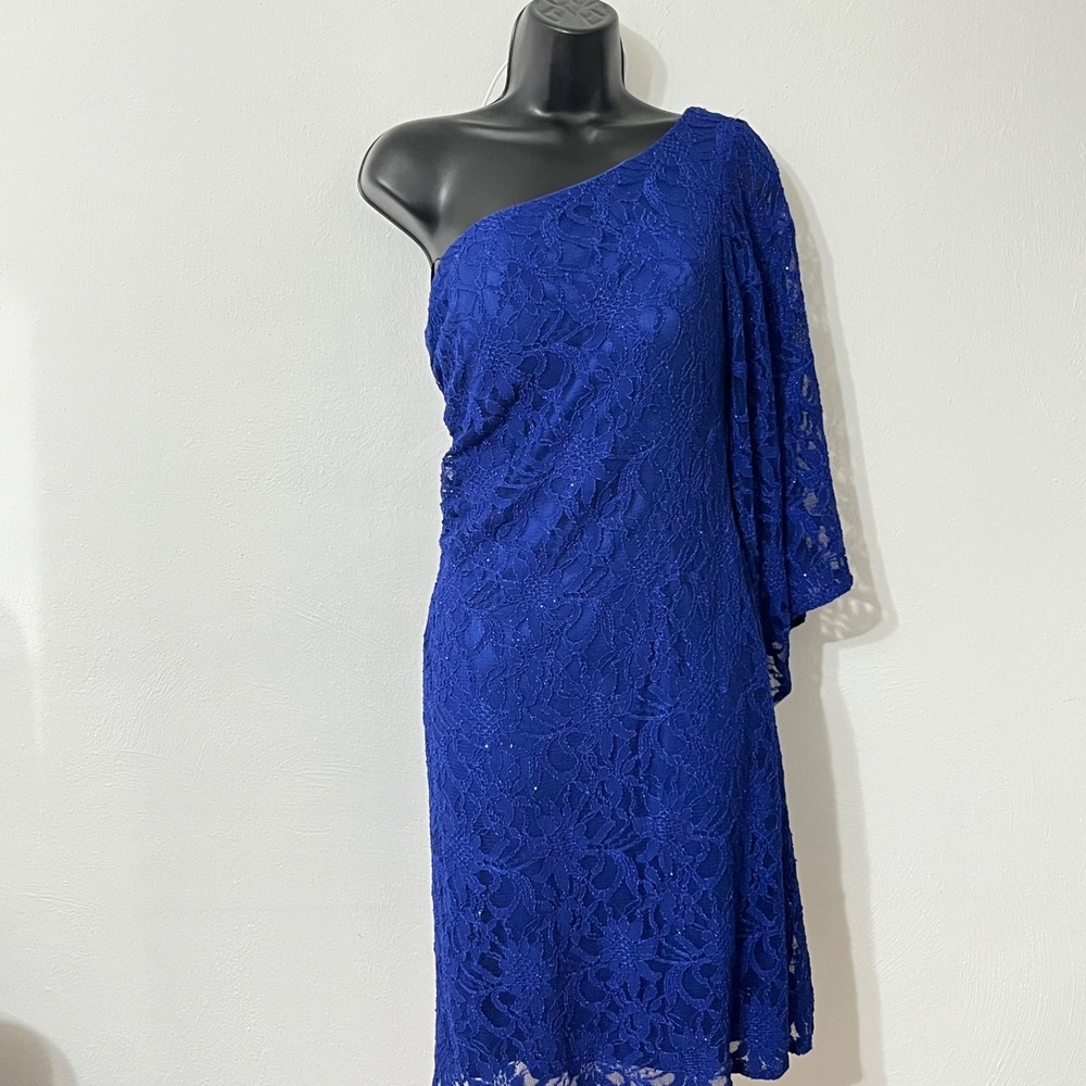 Womens Royal Blue Lace One Shoulder Bell Sleeve Cocktail Luxe Statement Dress